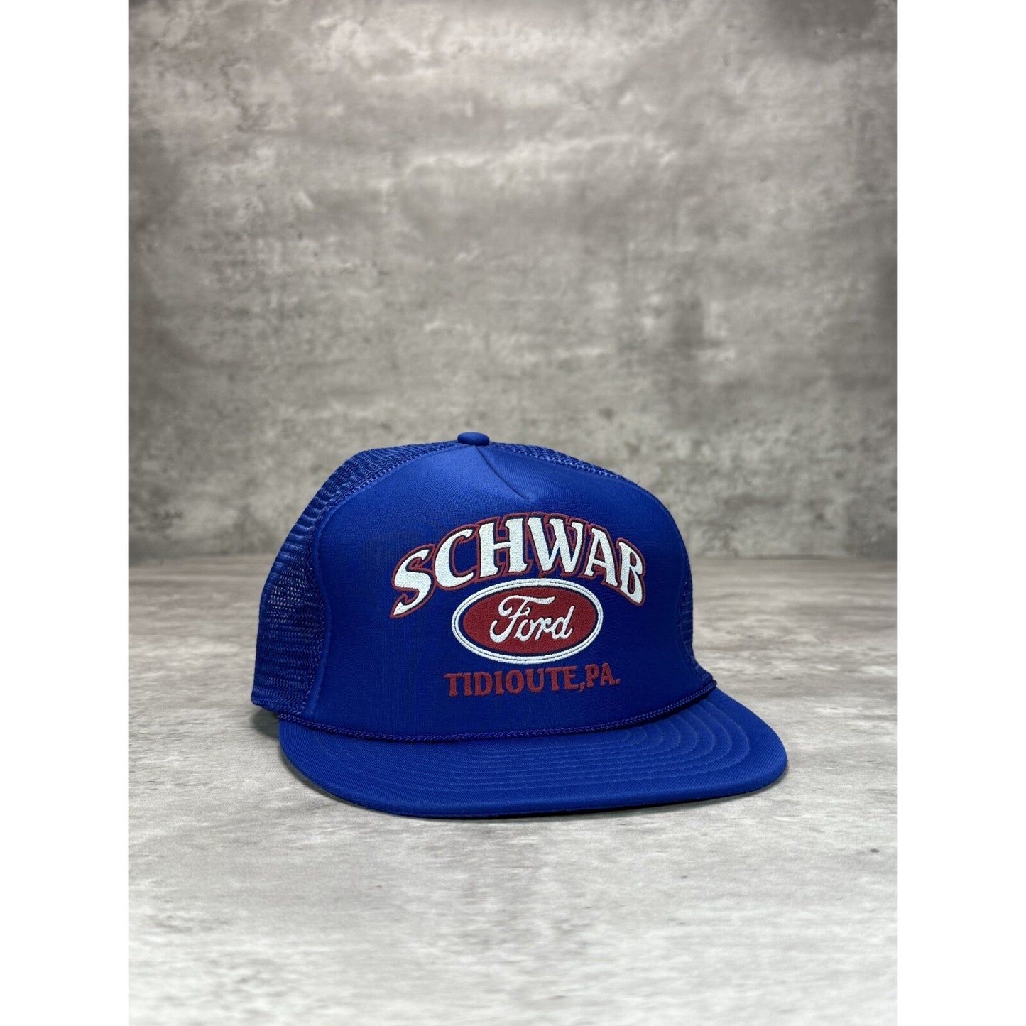 Vintage 1980s Schwab Ford Graphic Spellout Logo Trucker Snapback Hat OSFA