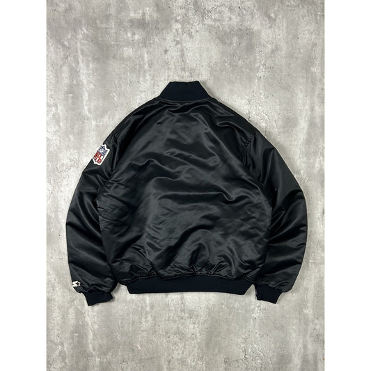 Vintage 90s Oakland Raiders NFL Starter Satin Bomber Jacket Size Large Black