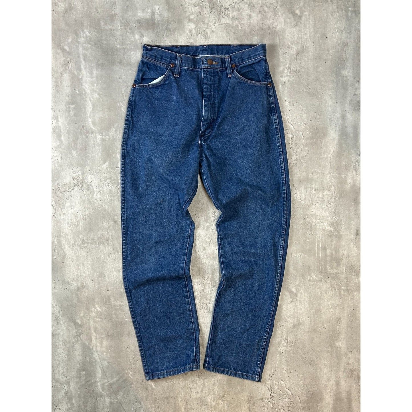 Vintage 90s Wrangler Leather Patch Dark Wash Denim Pants Size 29 Blue