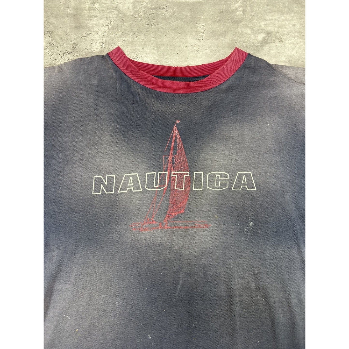 Vintage 90s Nautica Faded Sailboat Graphic Spellout Ringer T-Shirt Size XL