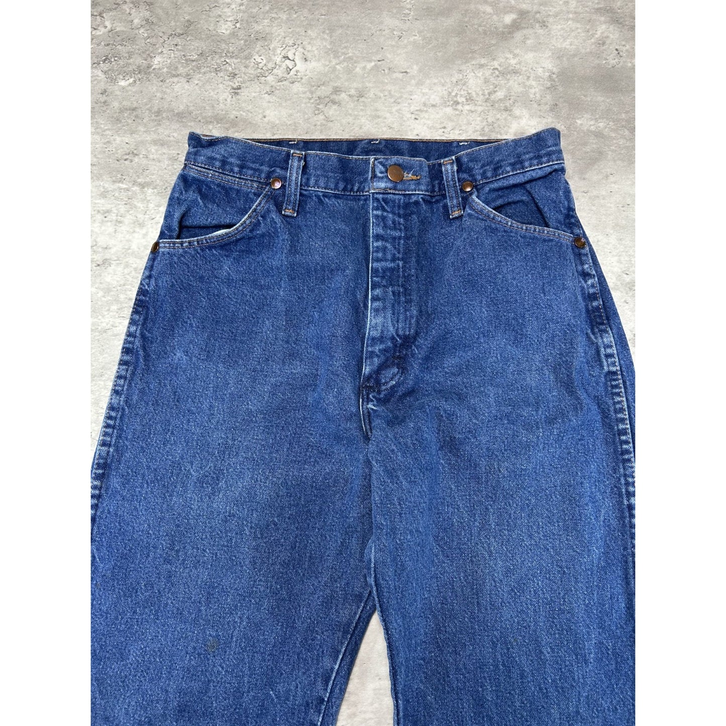 Vintage 90s Wrangler Leather Patch Dark Wash Denim Pants Size 29 Blue