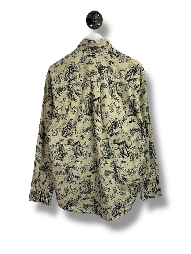 Vintage 90s Woolrich Fishing Graphic AOP Long Sleeve Button Up Shirt Size Medium