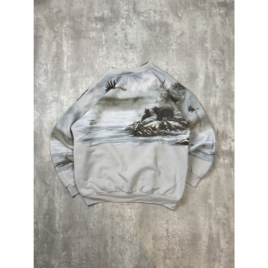 Vintage 90s Nature Animal Graphic All Over Print Sweatshirt Size 2XL Gray