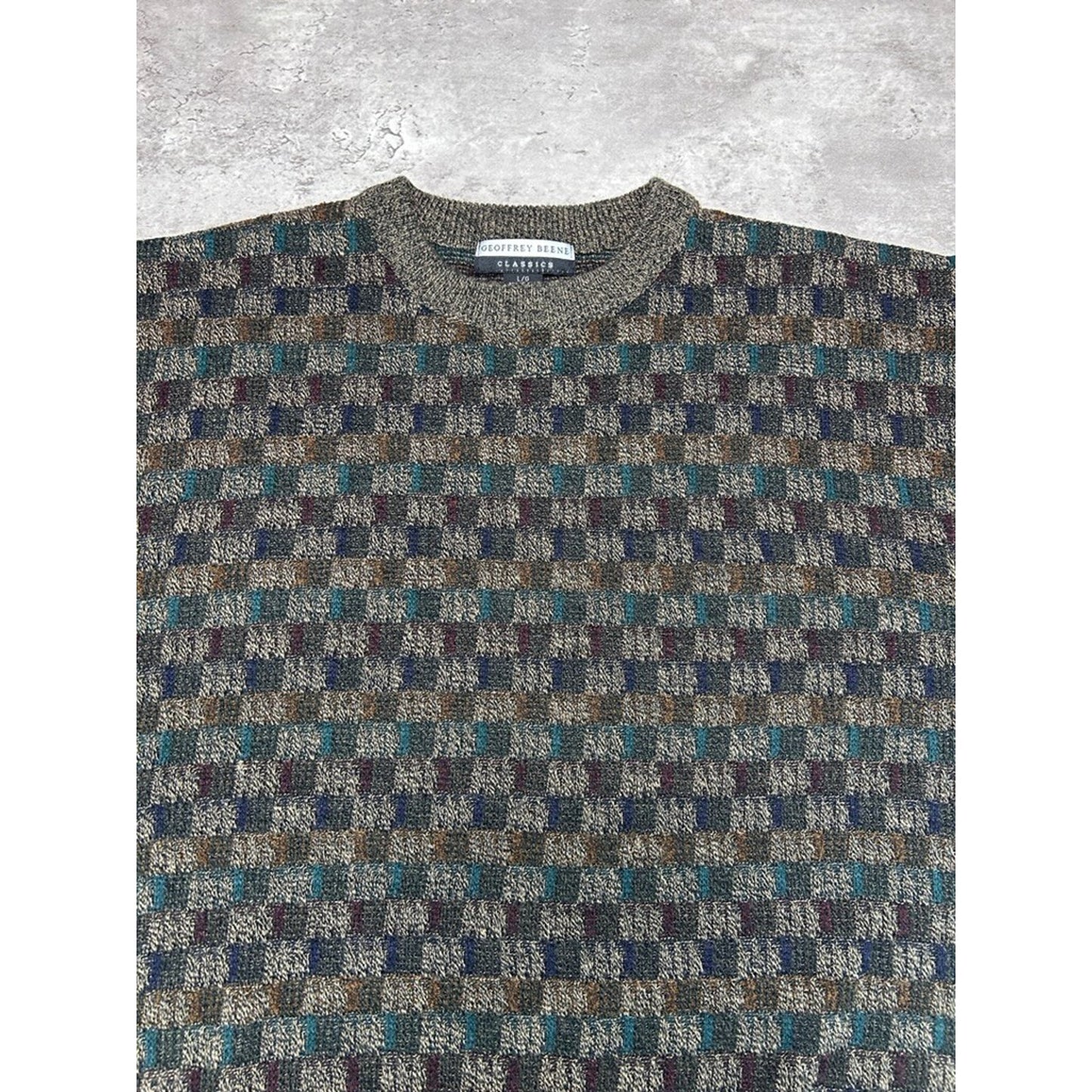 Vintage 90s Geoffrey Beene Checkered Print Earth Tone Knit Sweater Size Large