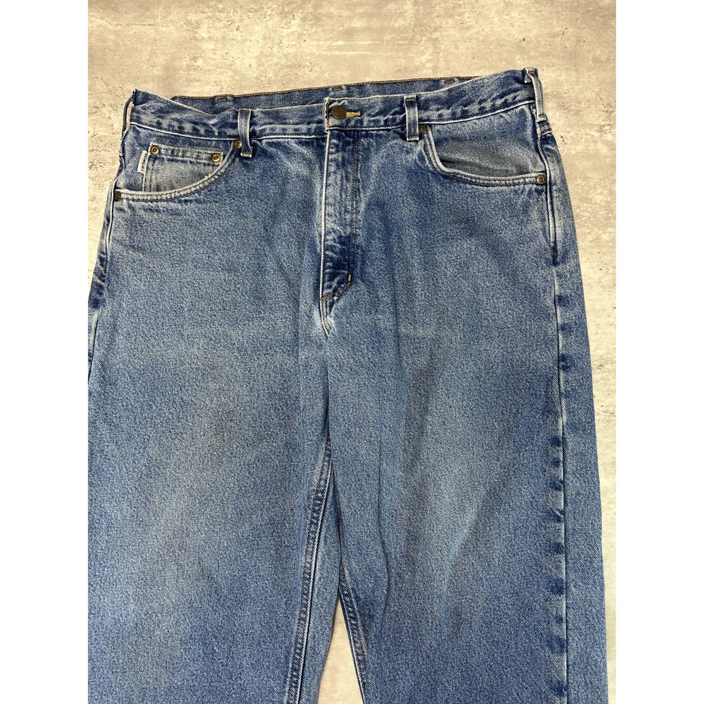 Vintage Carhartt Relaxed Fit Plaid Lined Medium Wash Workwear Denim Pants Sz 37W
