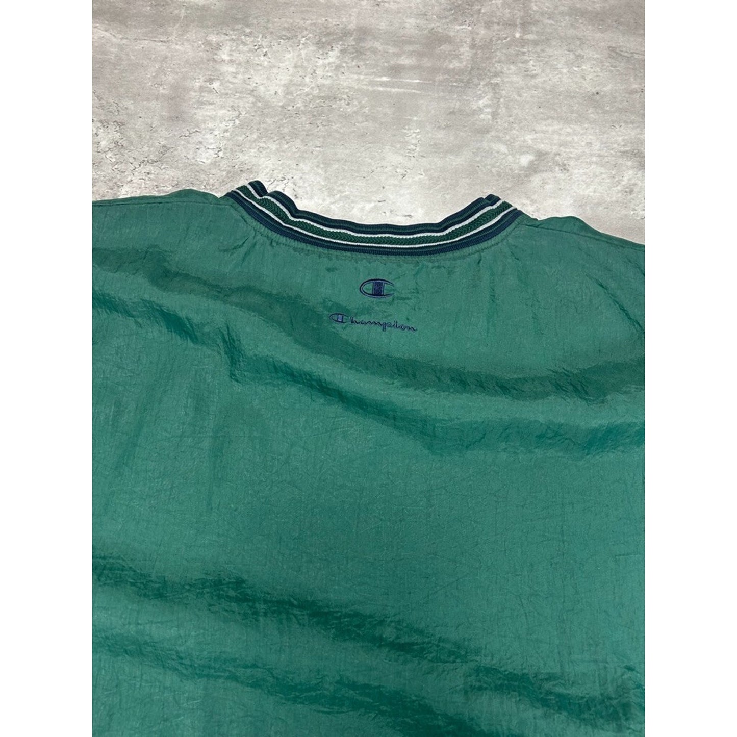 Vintage 90s Champion Embroidered Spellout Nylon Pullover Jacket Size XL Green