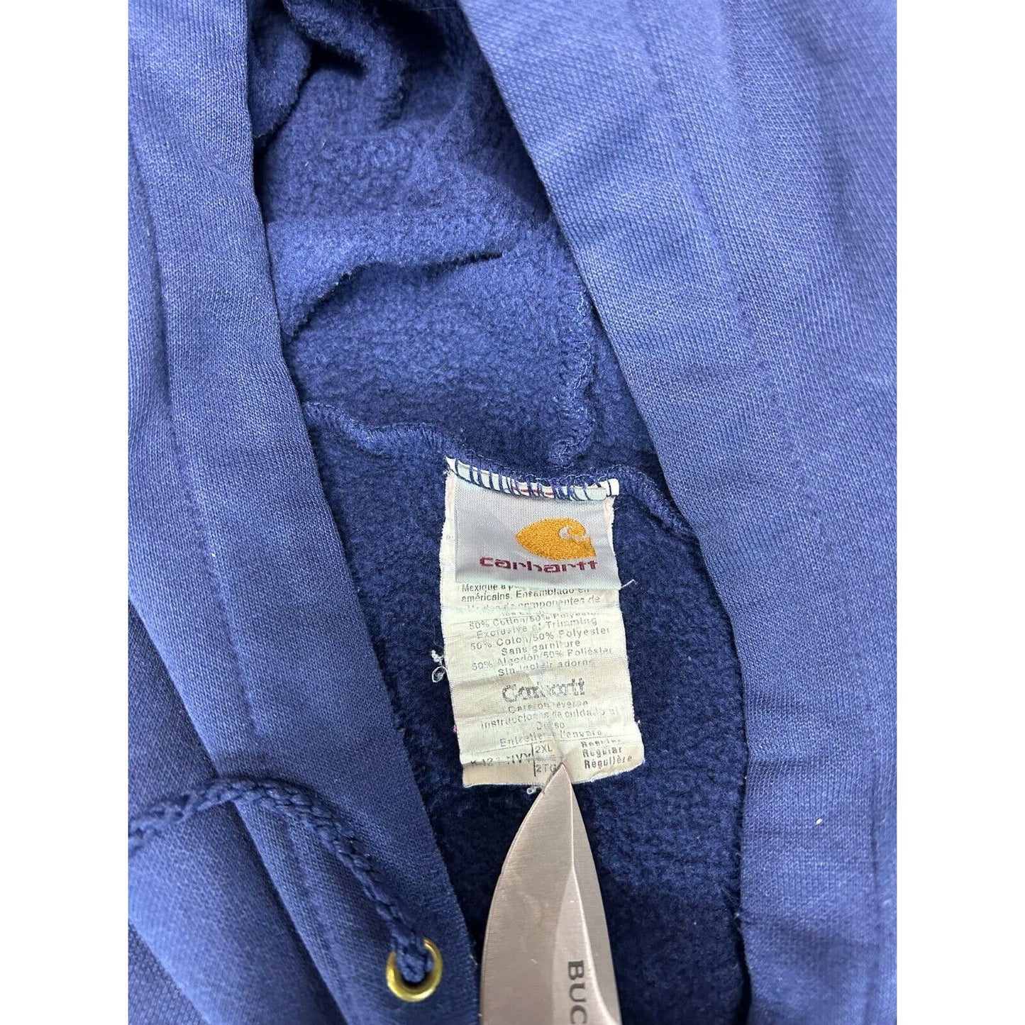 Vintage Carhartt Embroidered Spellout Hooded Workwear Sweatshirt Size XXL Blue