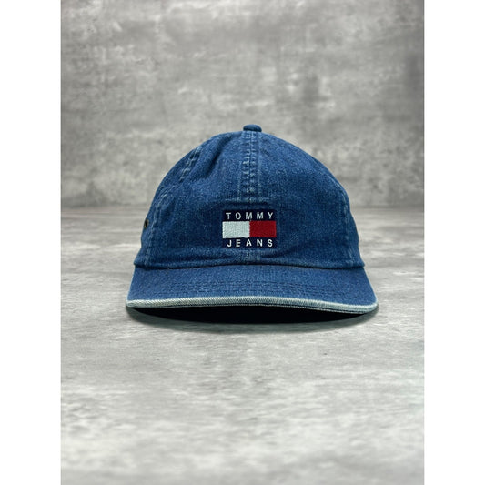 Vintage 90s Tommy Jeans Dark Wash Denim Embroidered Patch Strapback Hat OSFA
