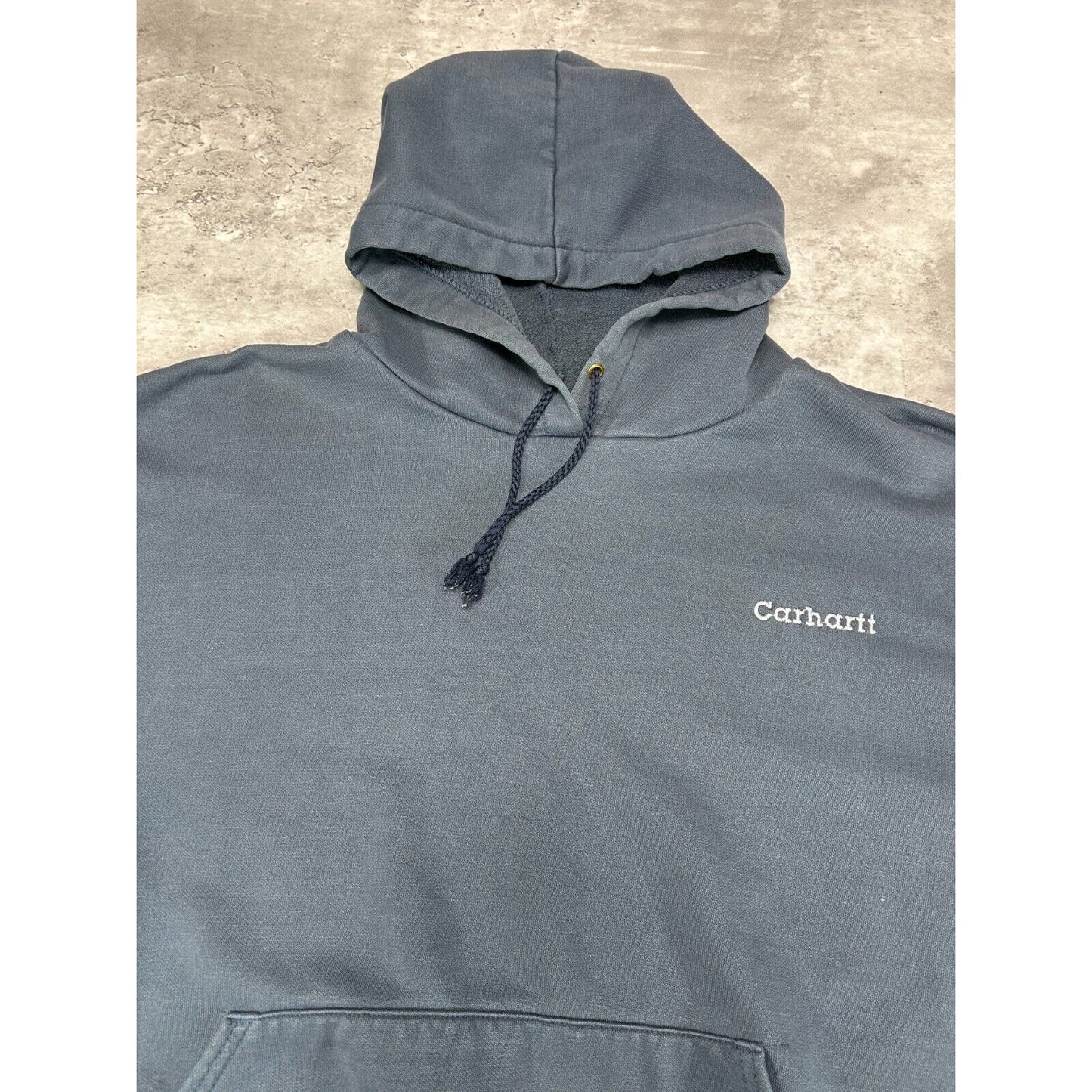 Vintage Carhartt Embroidered Logo Hooded Workwear Sweatshirt Size XL Blue