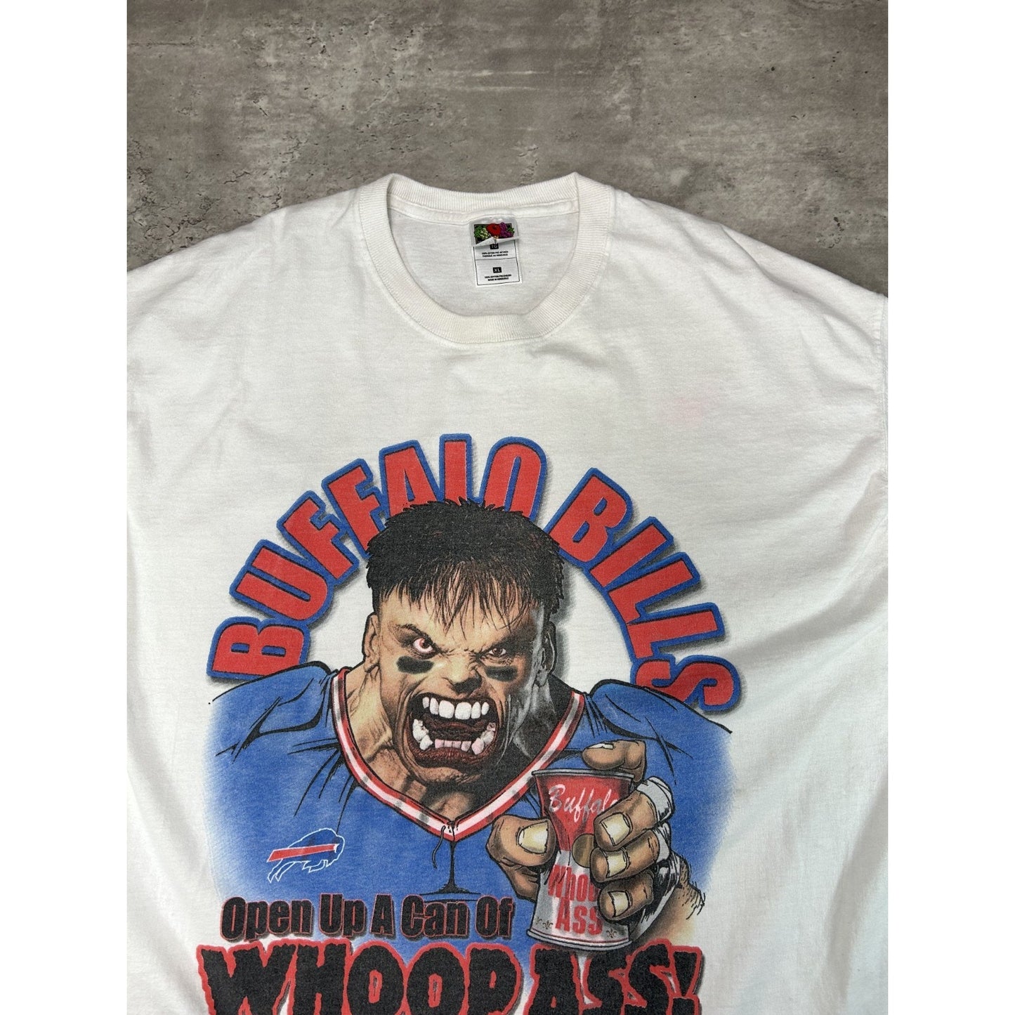 Vintage 90s Buffalo Bills NFL Open Up A Can Of Whoop Ass Cartoon T-Shirt Size XL