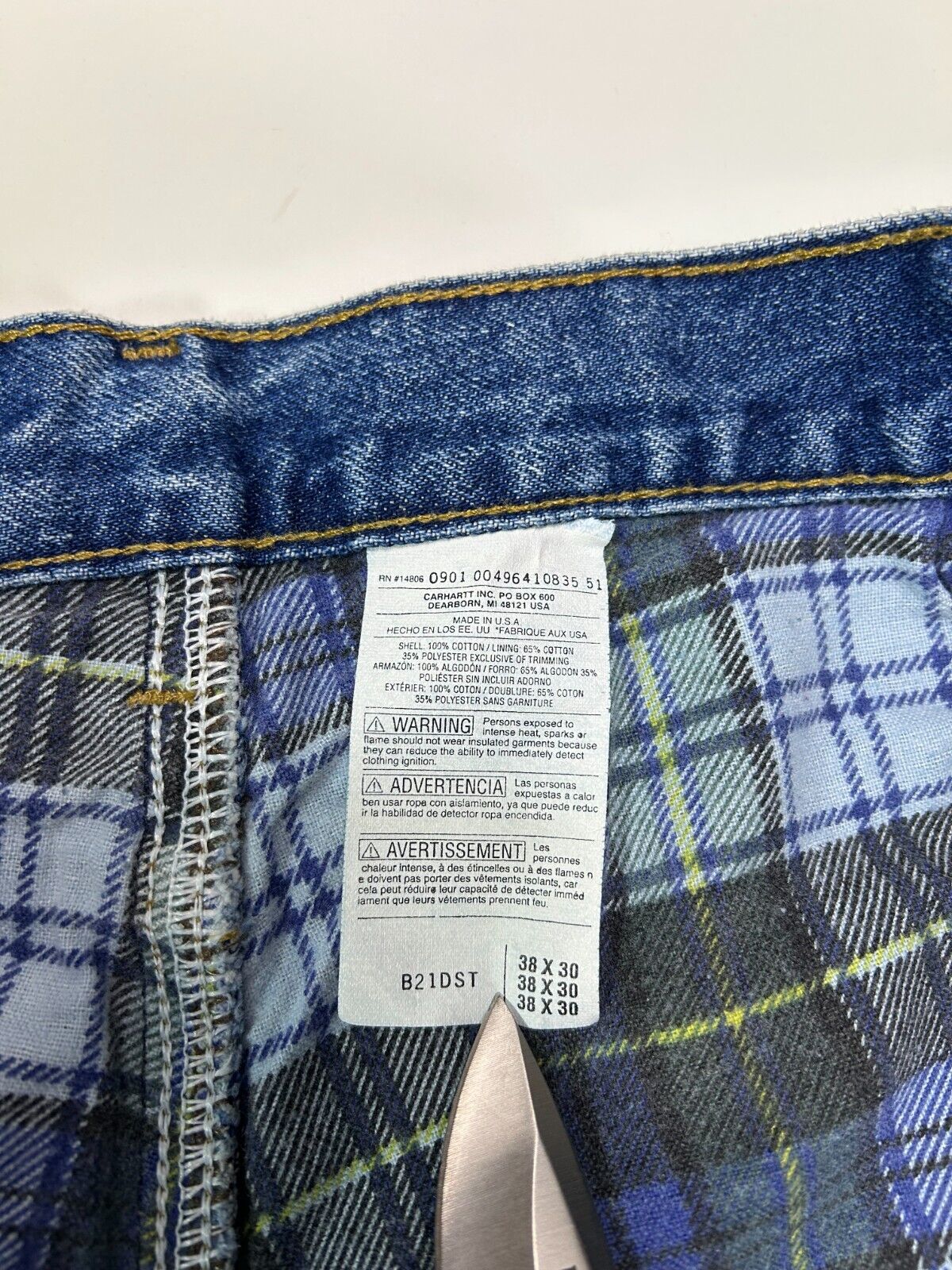 Vintage 90s Carhartt Plaid Lined Dark Wash Denim Workwear Pants Size 38W