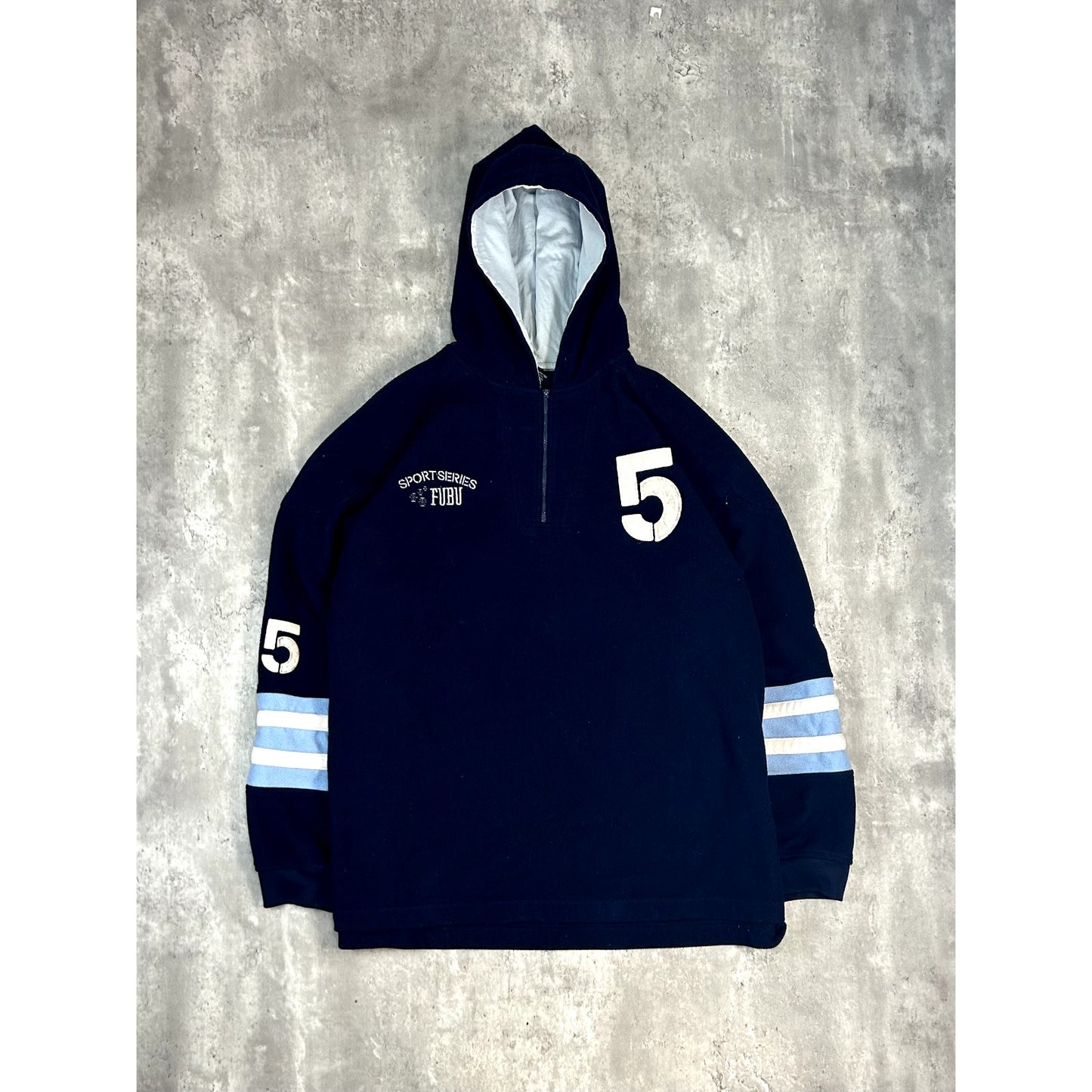 Vintage Y2K FUBU Sport Series 1/4 Zip Hooded Fleece Sweatshirt Size XXL Blue