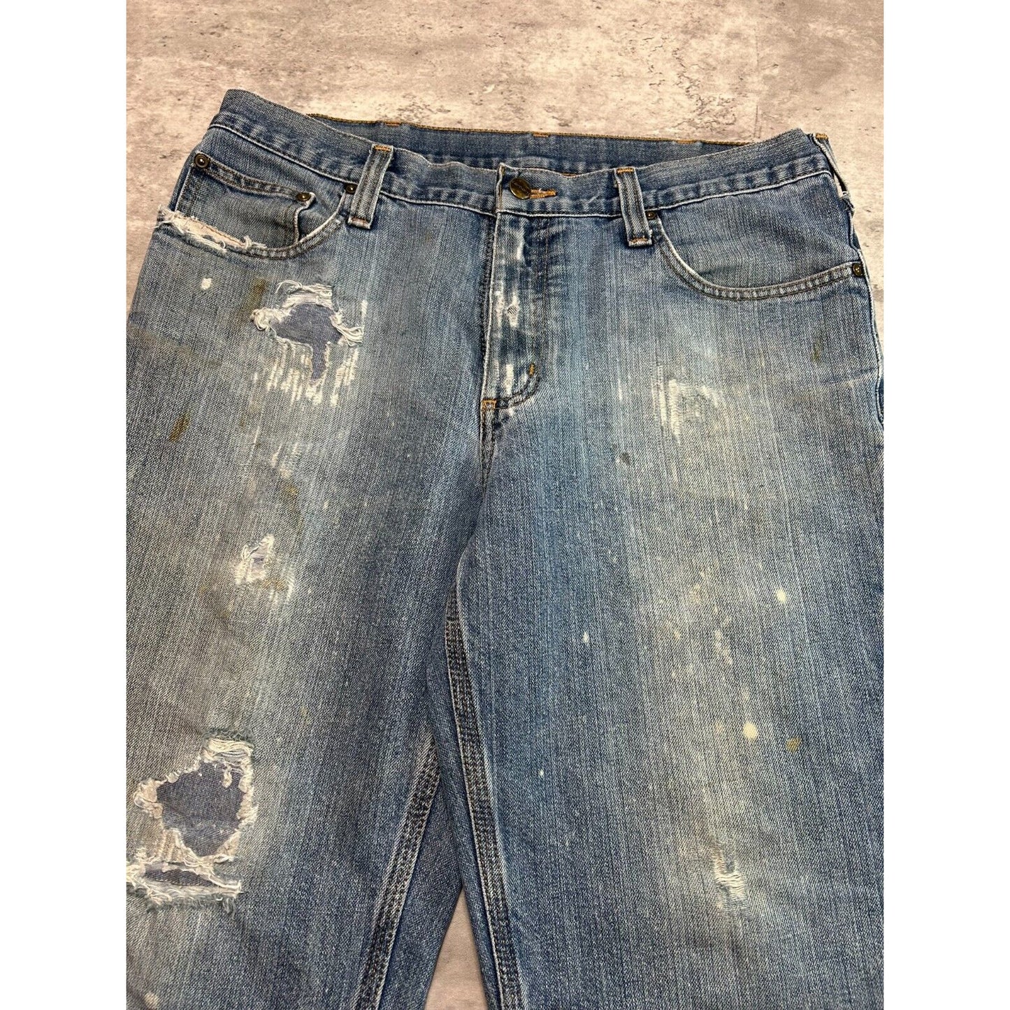 Carhartt Relaxed Fit Medium Wash Denim Distressed Workwear Pants Size 35