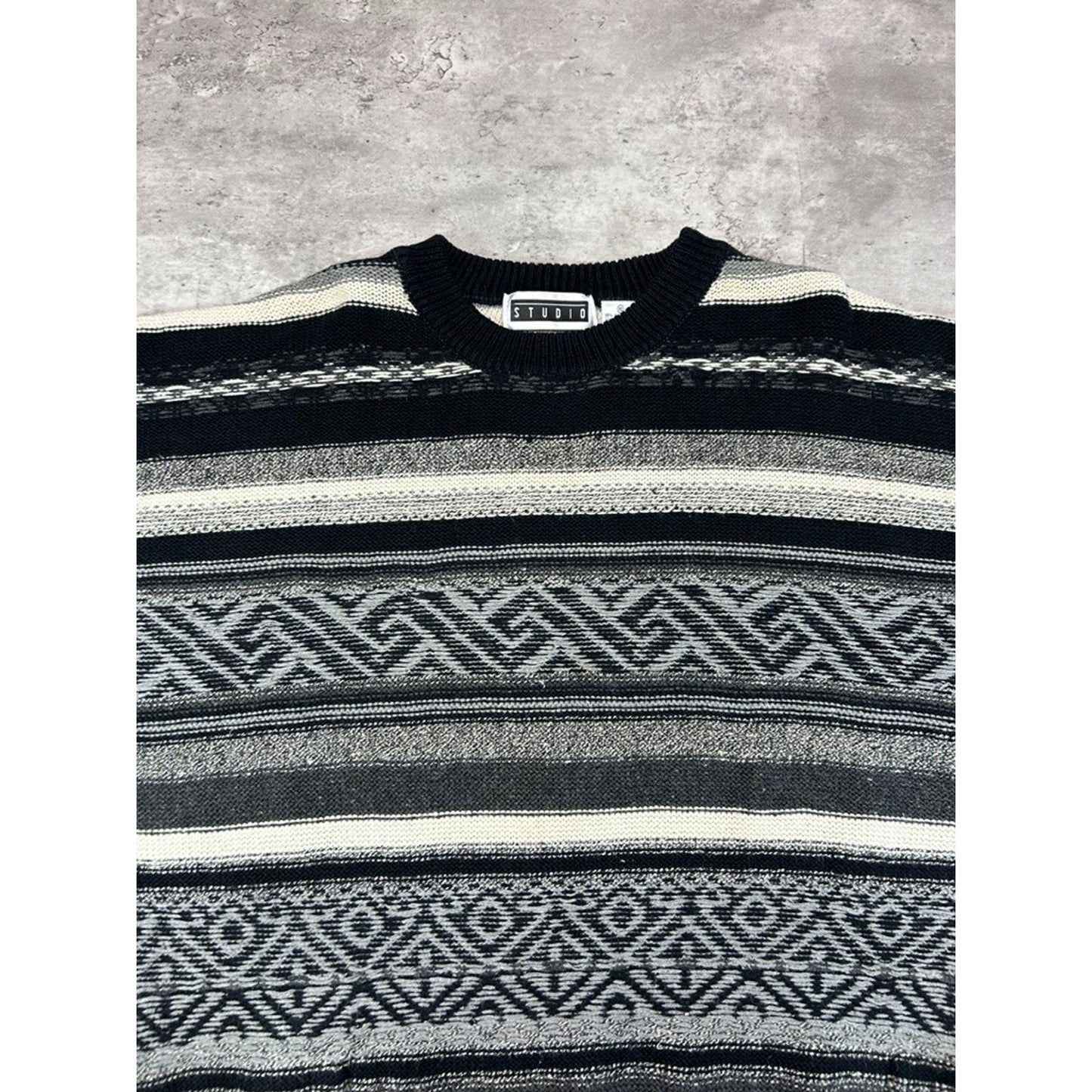 Vintage 90s Studio Abstract Striped Pullover Ribbed Knit Sweater Size XL Black