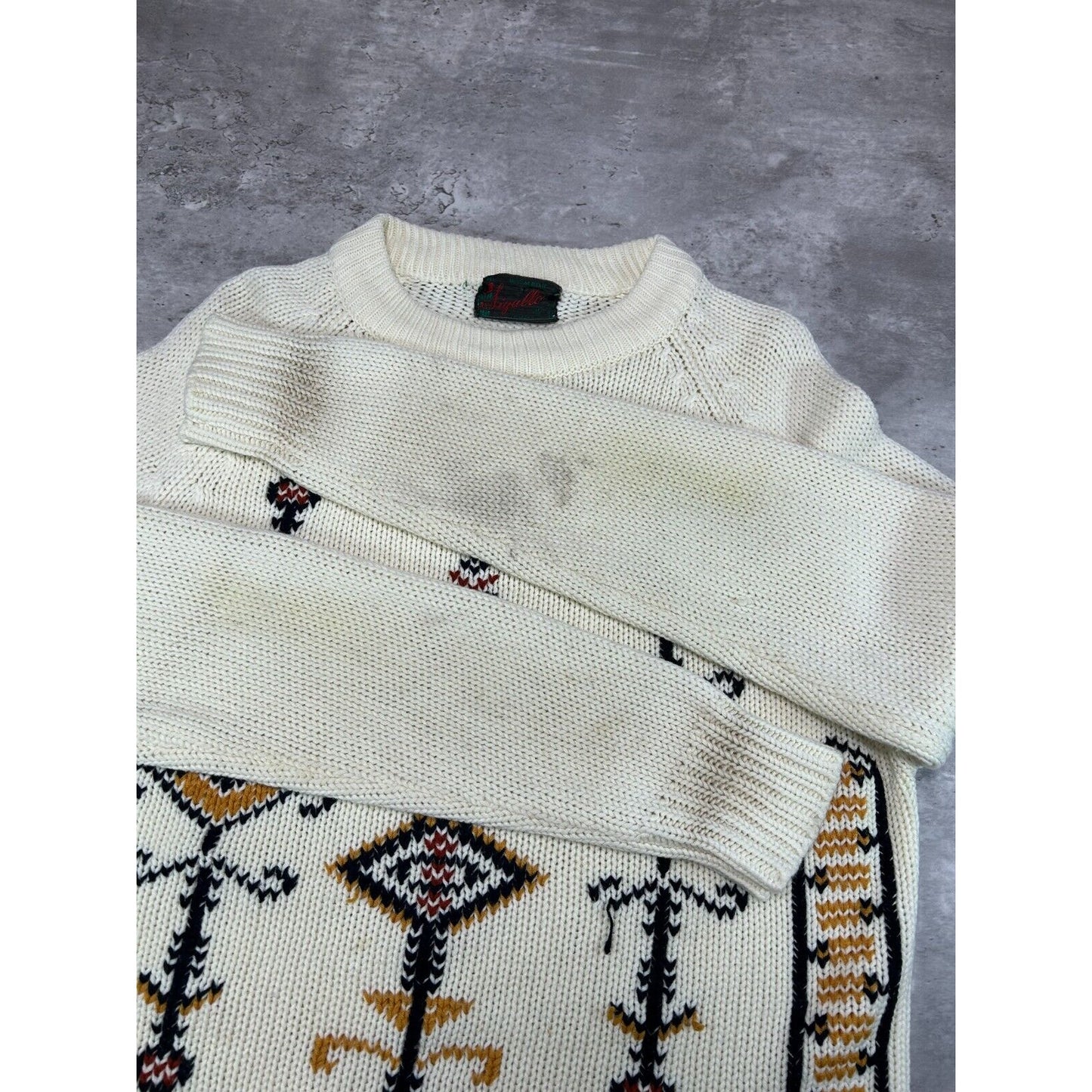 Vintage 1960s Sigallo Abstract Design Pull Over Knit Sweater Size Medium Beige