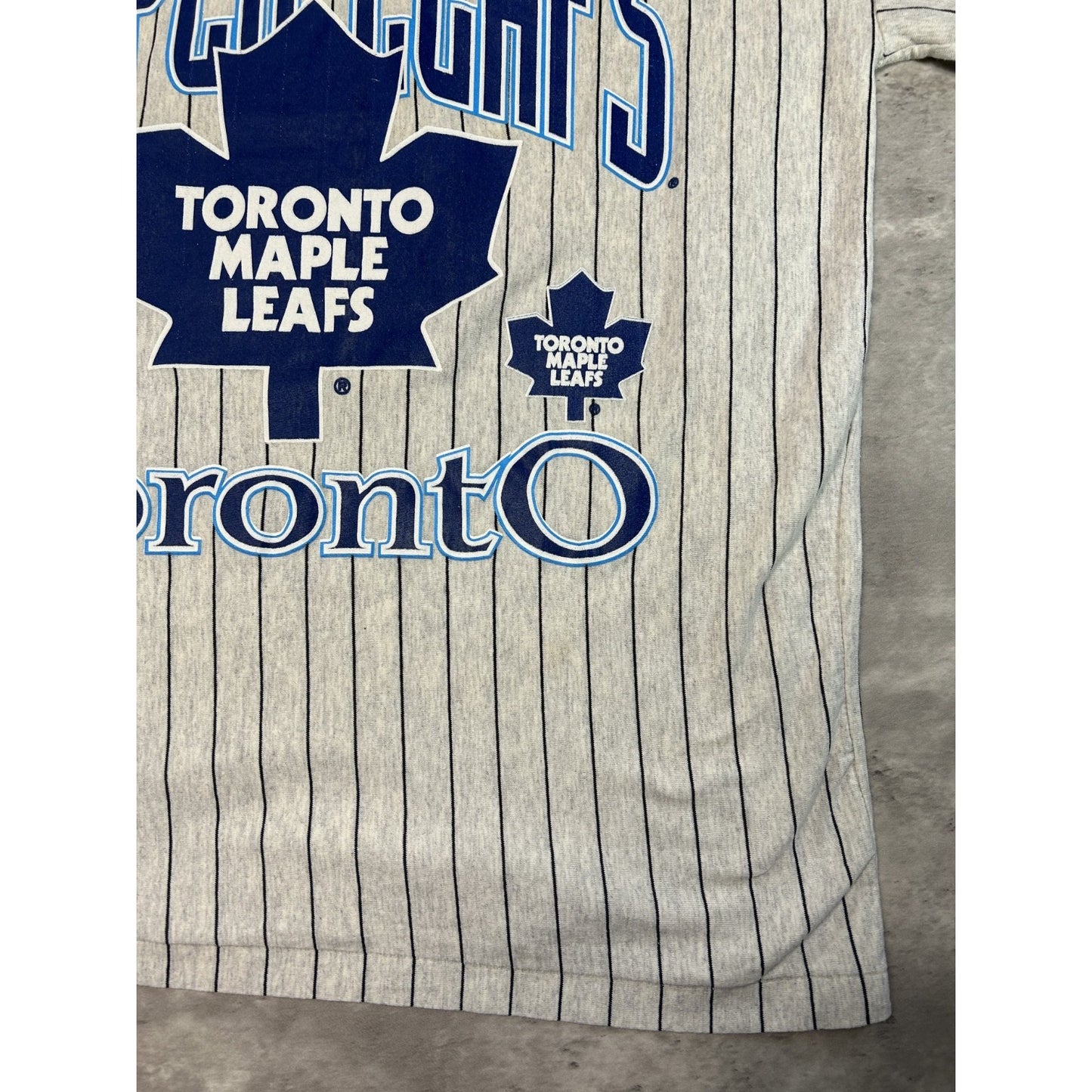 VTG 90s Toronto Maple Leafs NHL Pinstripe All Over Print 3/4 Sleeve T-Shirt Lg