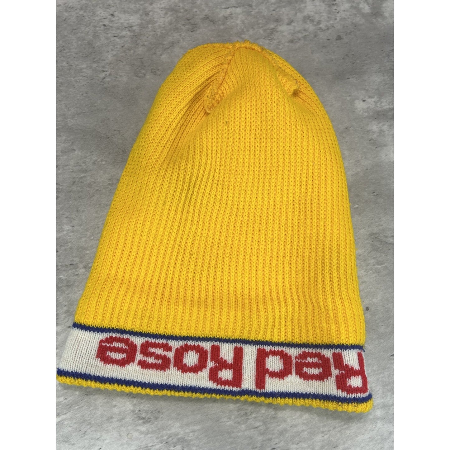Vintage 1980s Red Rose Graphic Spellout Striped Beanie Hat OSFA Yellow