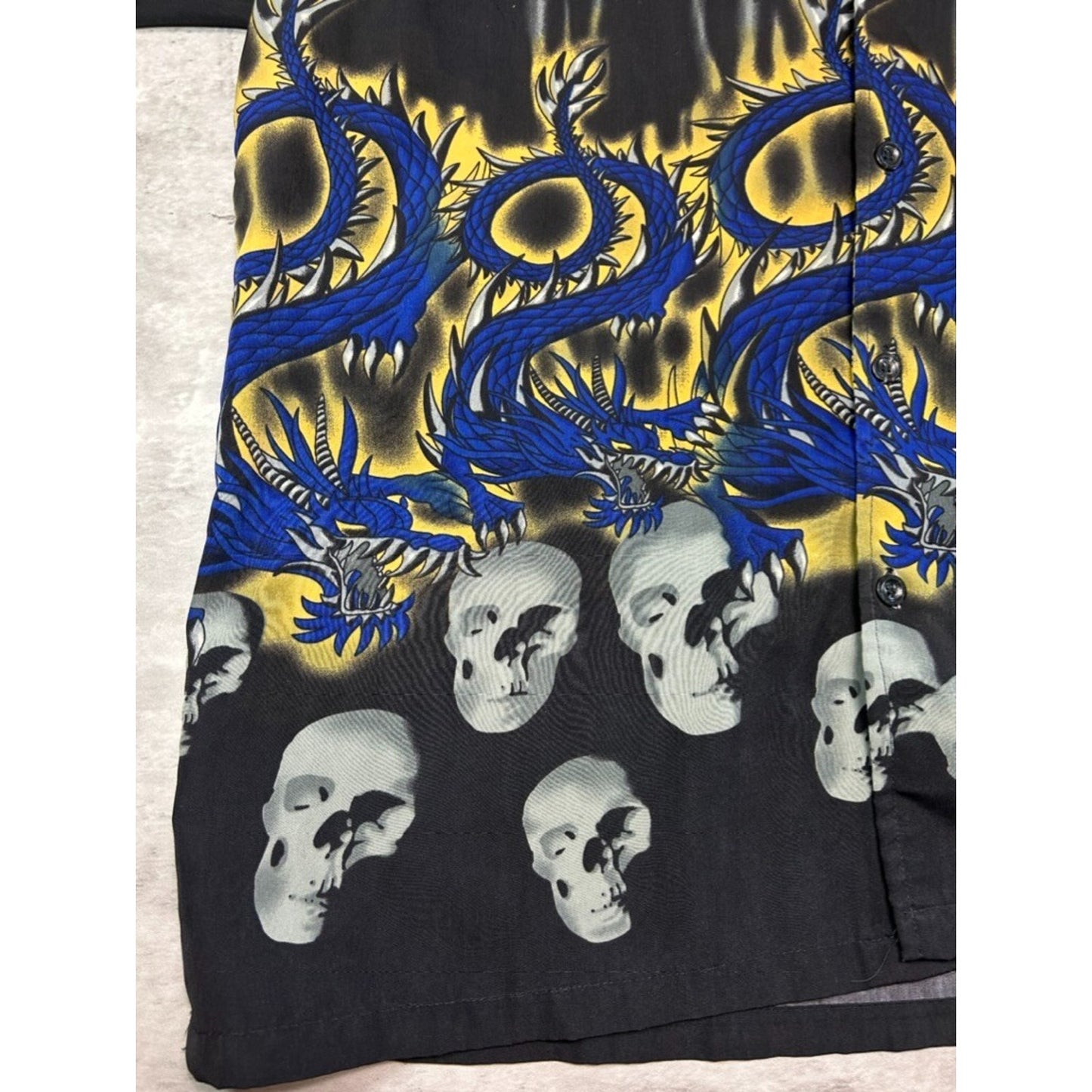 Vintage Y2K Dragon Skull Graphic All Over Print Button Up Shirt Size Large