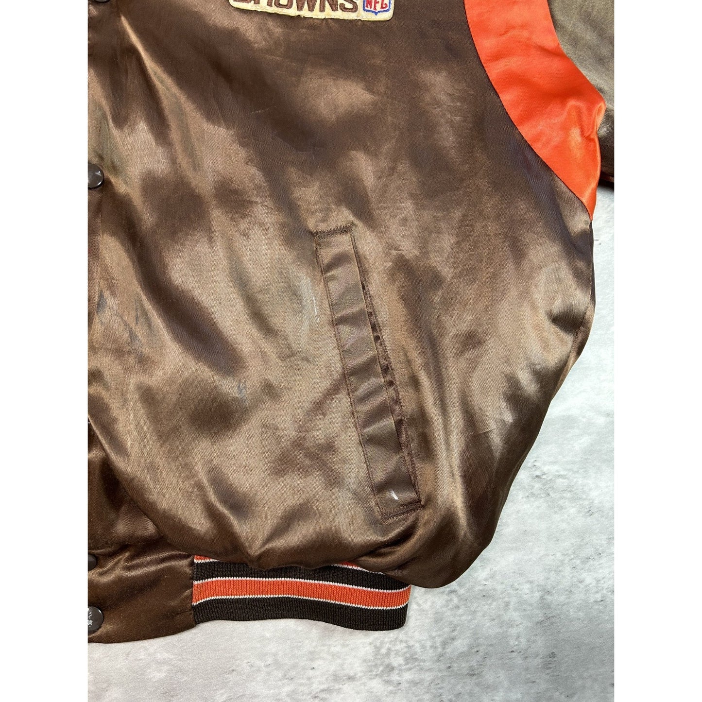 Vintage 90s Cleveland Browns NFL Embroidered Logo Satin Bomber Jacket Size Large