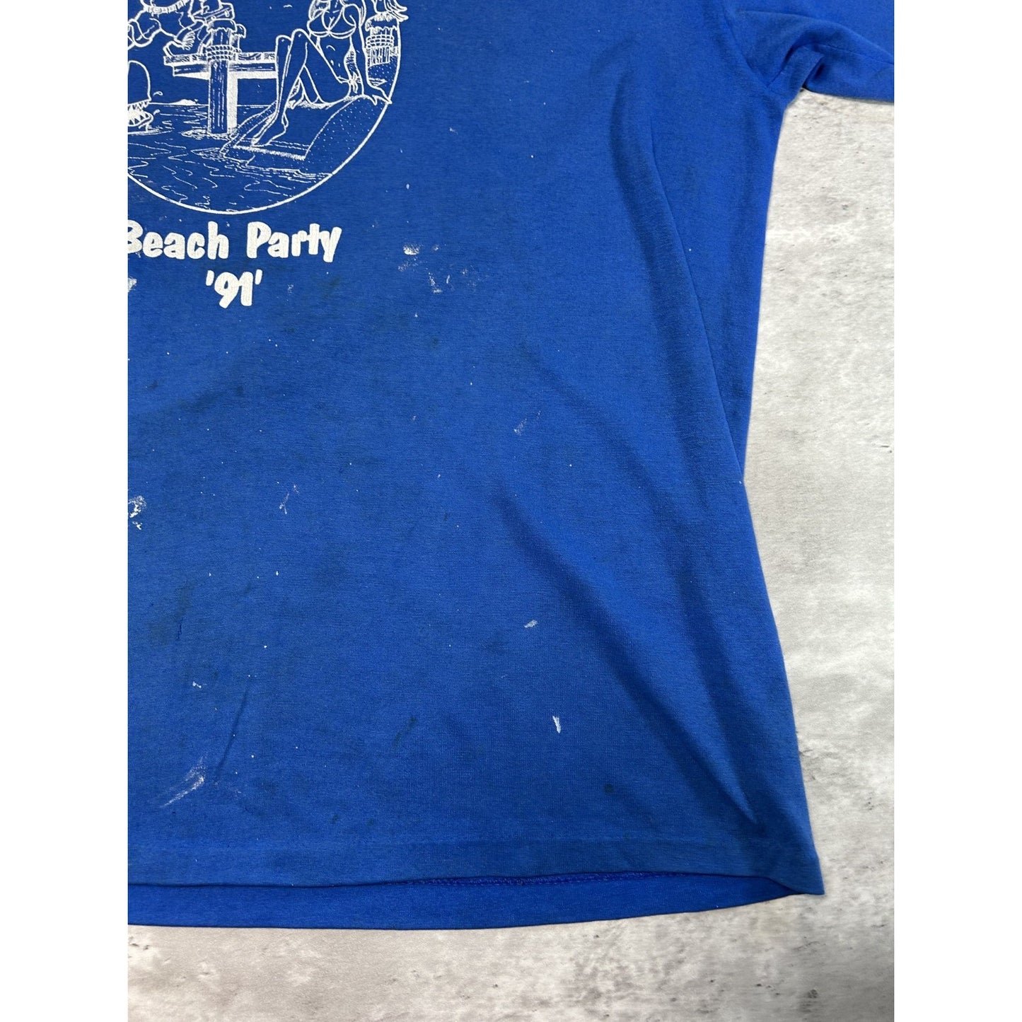 Vintage 1991 Beach Party Cartoon Graphic Distressed T-Shirt Size XL Blue