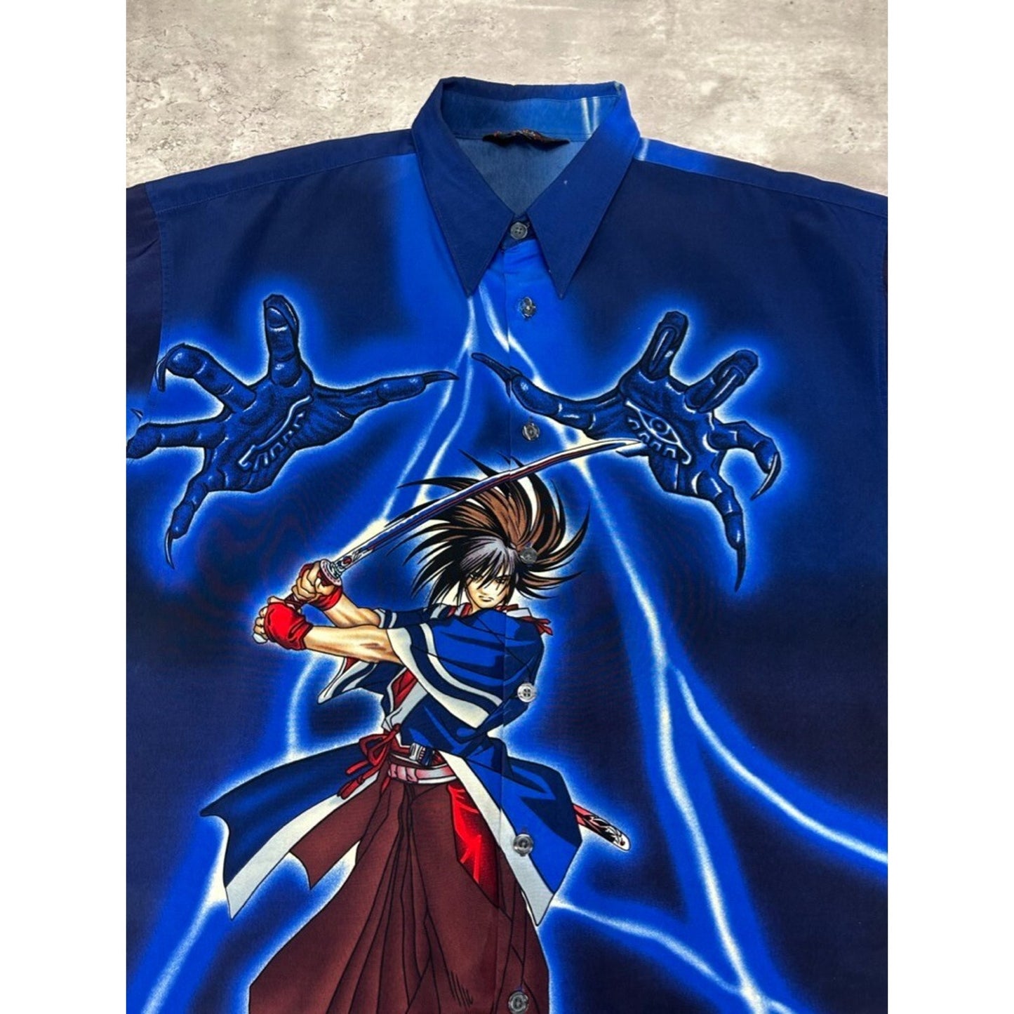 Vintage Y2K Anime Samurai All Over Print Short Sleeve Button Up Shirt Size Large