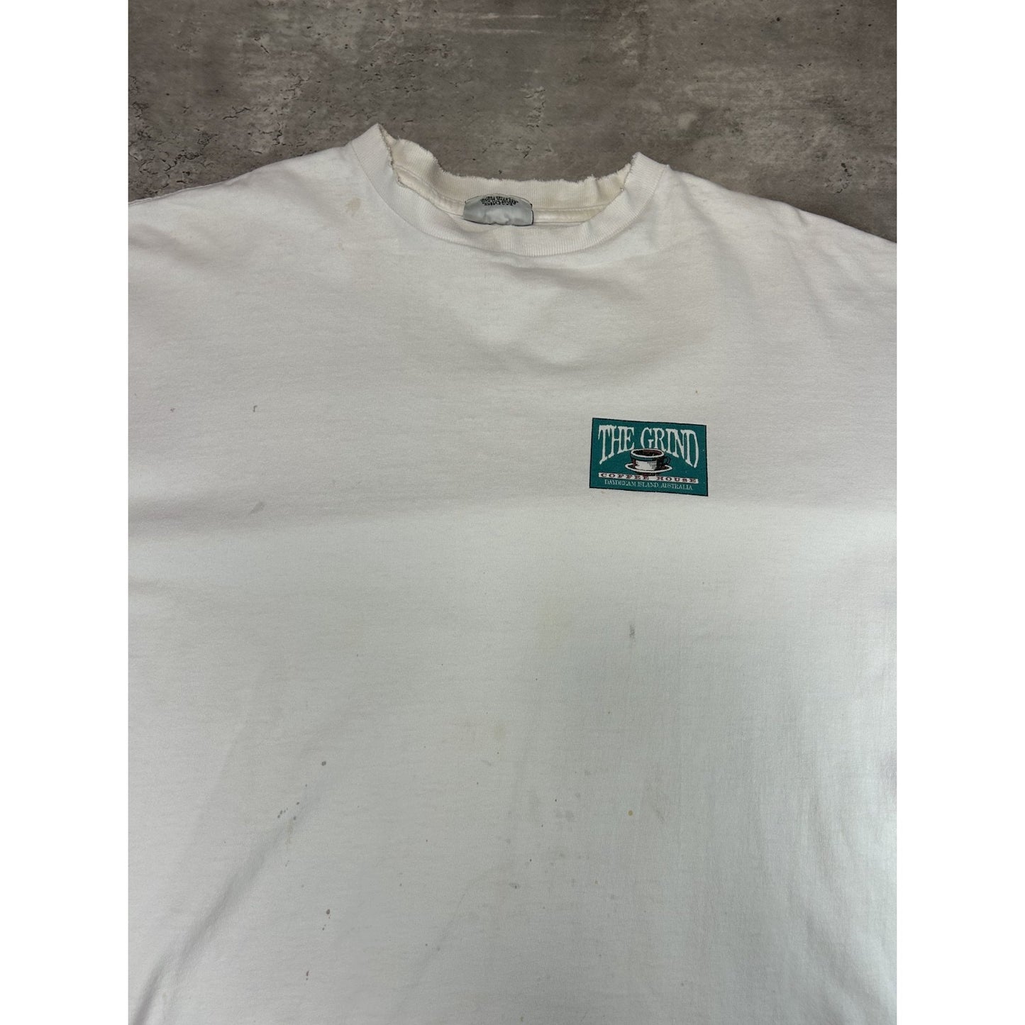 Vintage 90s The Grind Coffee House Spellout Destination Graphic T-Shirt Size XL