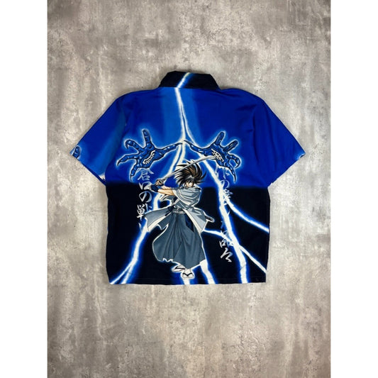 Vintage Y2K Anime Samurai All Over Print Short Sleeve Button Up Shirt Size Large