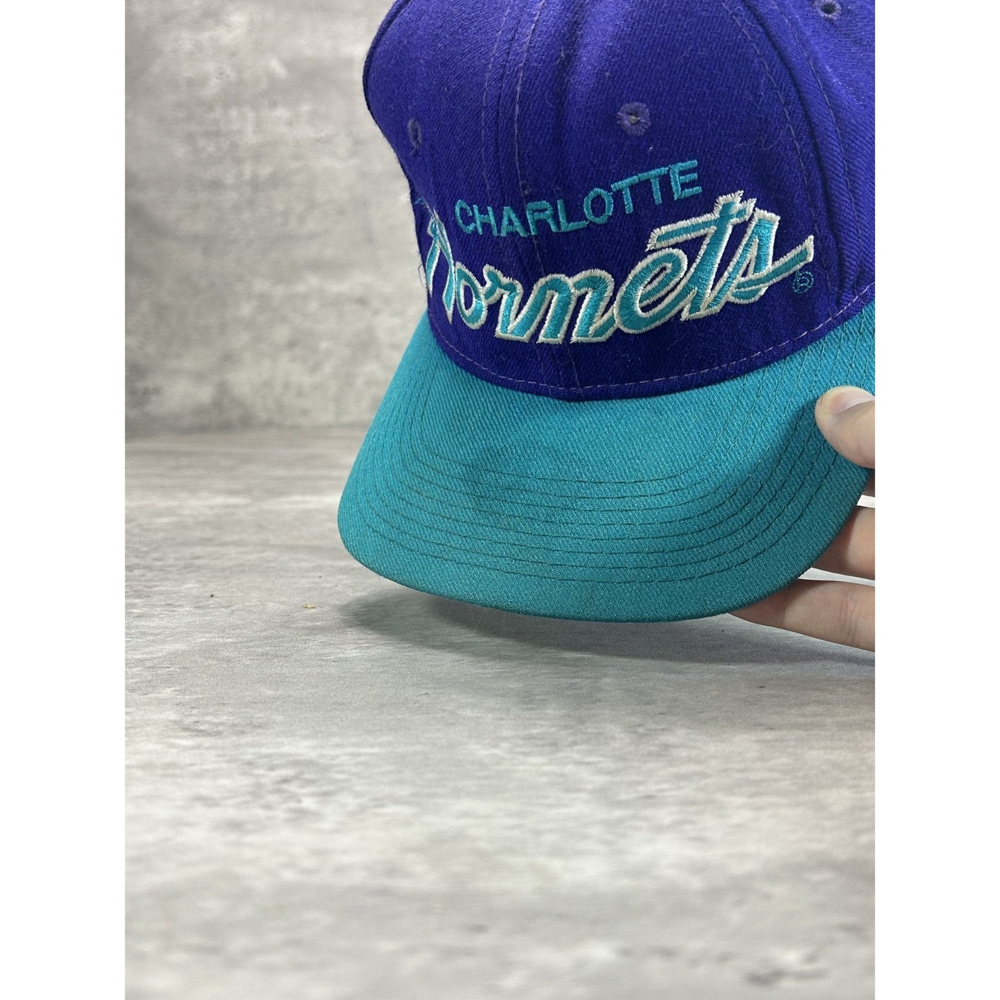Vintage 90s Charlotte Hornets NBA Sports Specialties Script Fitted Hat 6 3/4