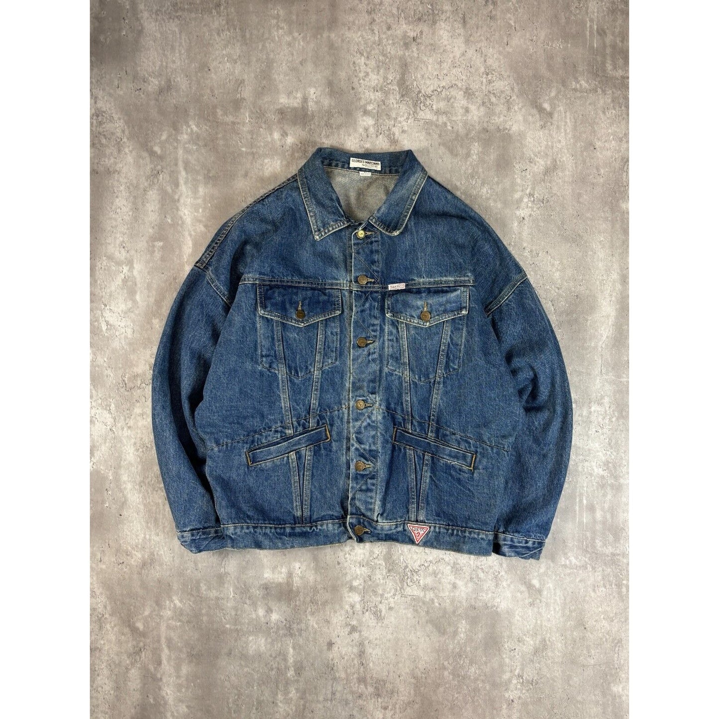Vintage 90s Guess Dark Wash Denim Trucker Jacket Size Large Blue