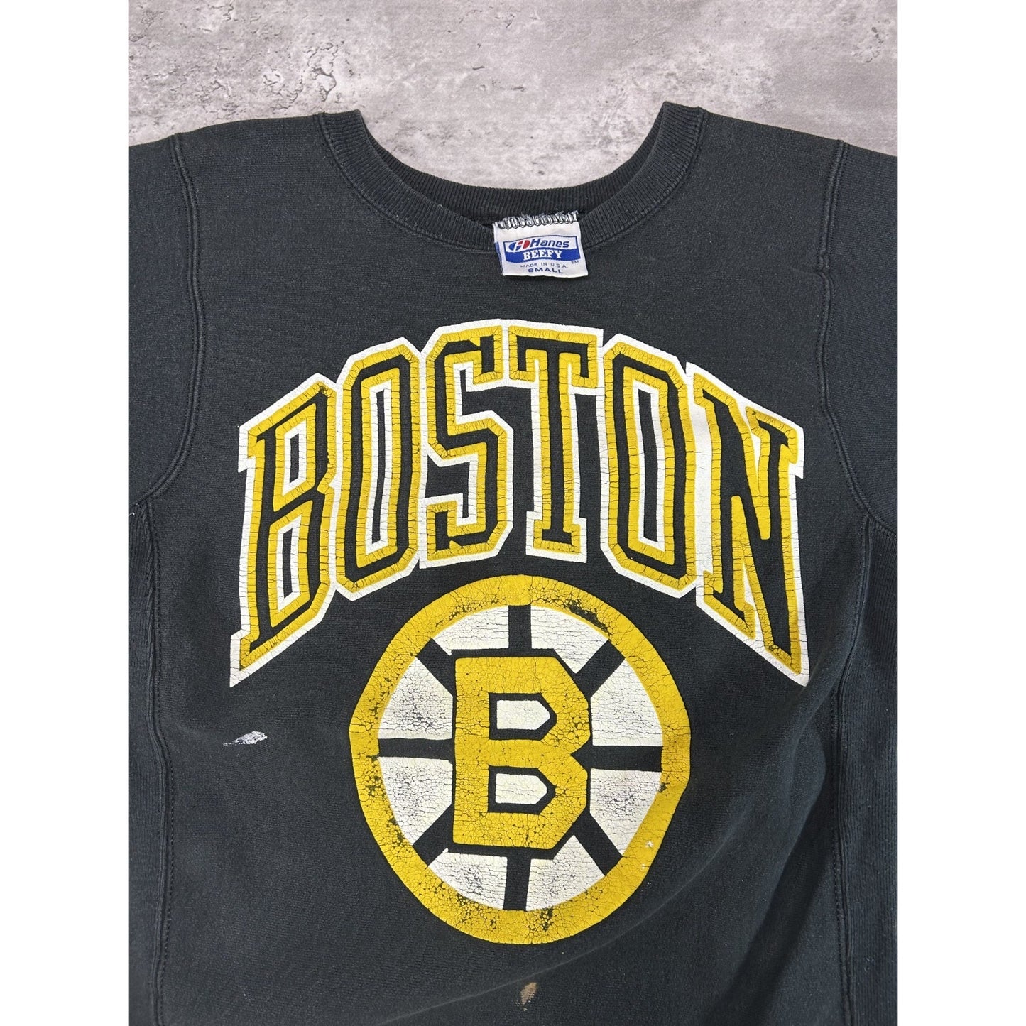 Vintage 90s Boston Bruins NHL Embroidered Spellout Logo Sweatshirt Size Small