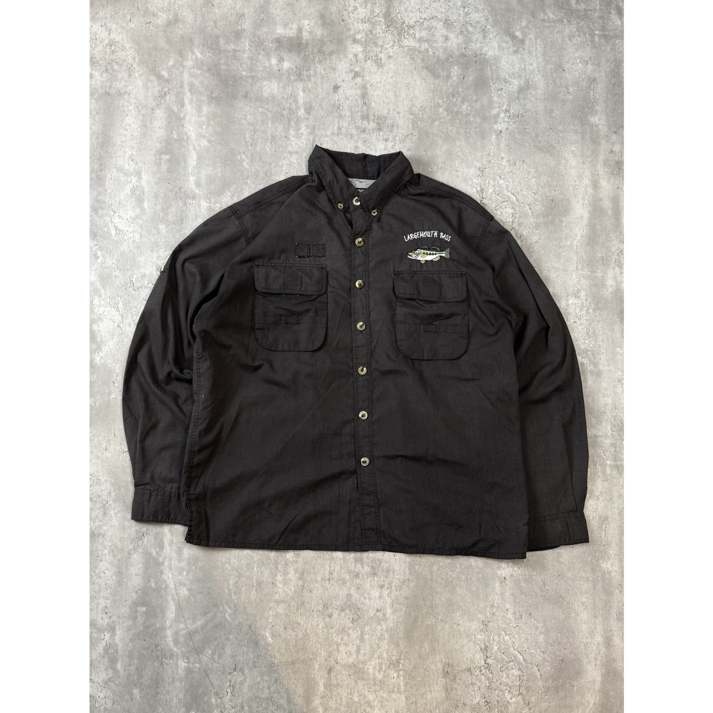 Vintage Large Mouth Bass Embroidered Fish Long Sleeve Button Up Shirt Size Large