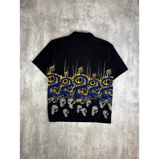 Vintage Y2K Dragon Skull Graphic All Over Print Button Up Shirt Size Large