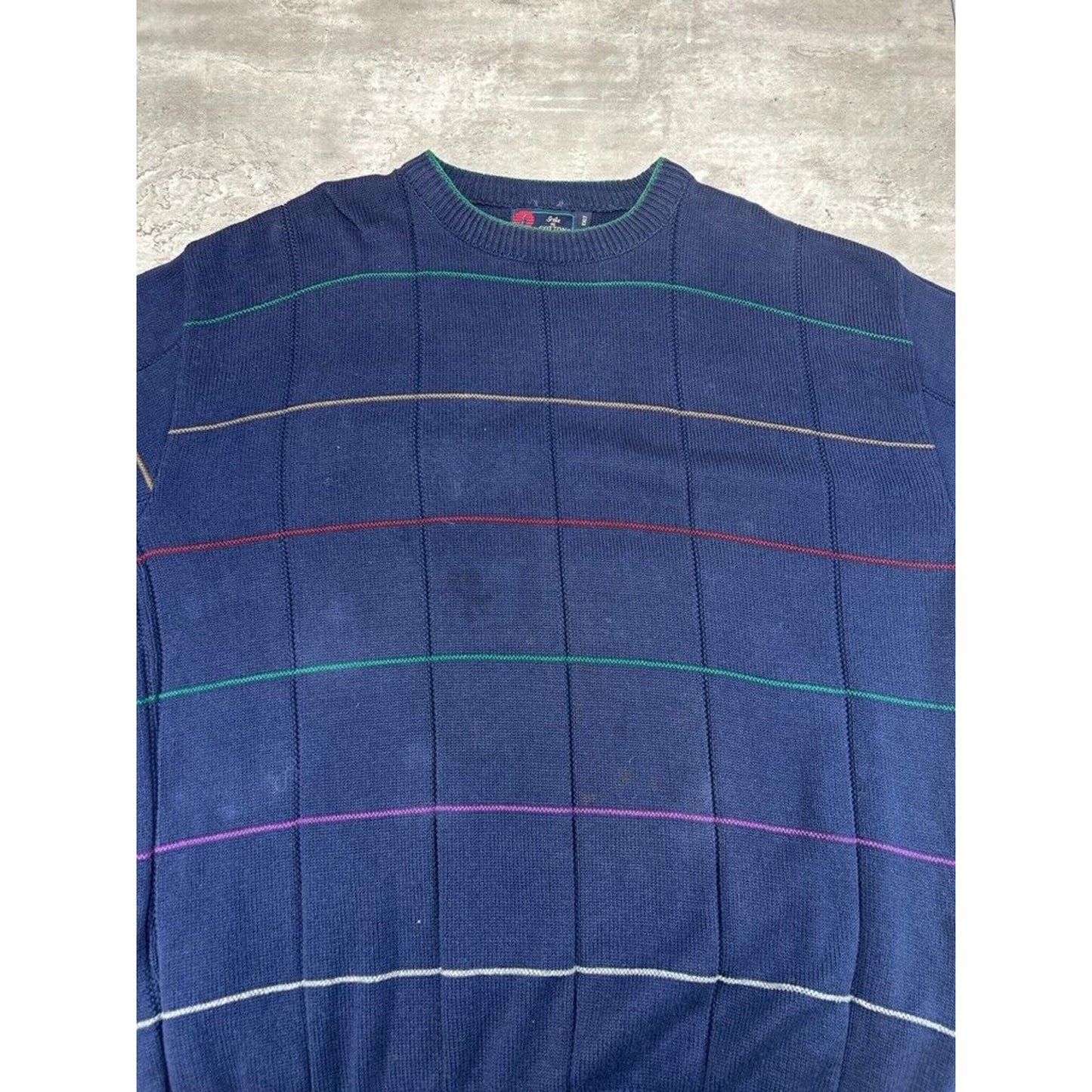 Vintage 90s Isle Of Cotton Checkered Print Pullover Knit Sweater Size XXL Blue