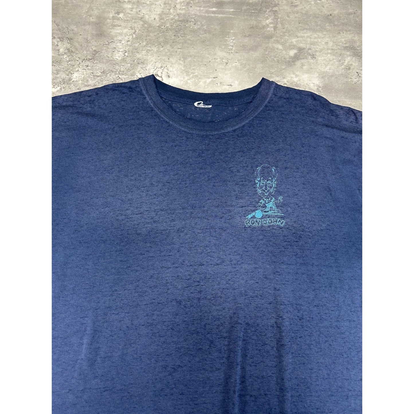 Vintage 80s Ron John Bowling Graphic Caricature T-Shirt Size XL Navy Blue