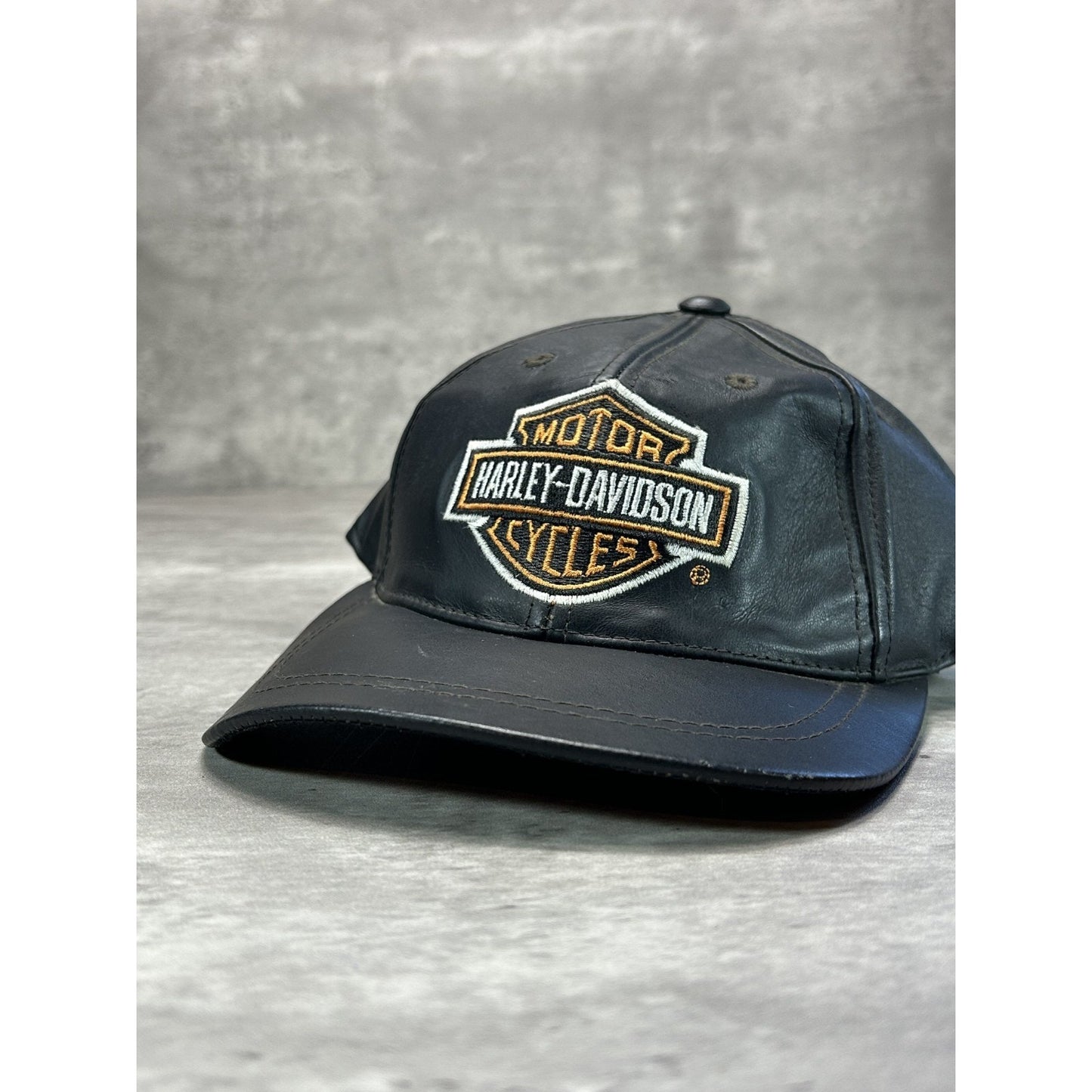 Vintage Harley Davidson Motorcycles Embroidered Logo Leather Snapback Hat OSFA