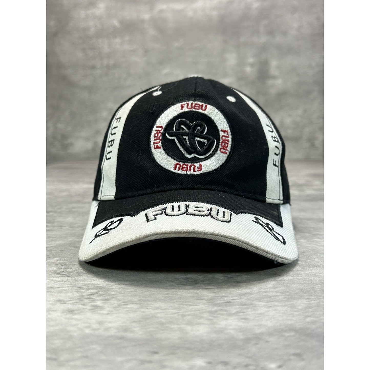 Vintage Y2K Fubu Embroidered Spellout Two Tone Strapback Hat OSFA Black/White