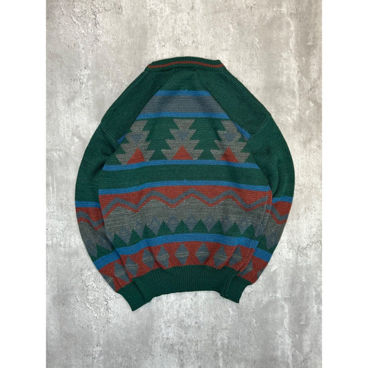Vintage Campus Geometric Pattern Knit Sweater Size Large Green