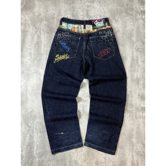 Vintage Y2K Southpole Baggy Fit Embroidered Dark Wash Denim Pants Size 33