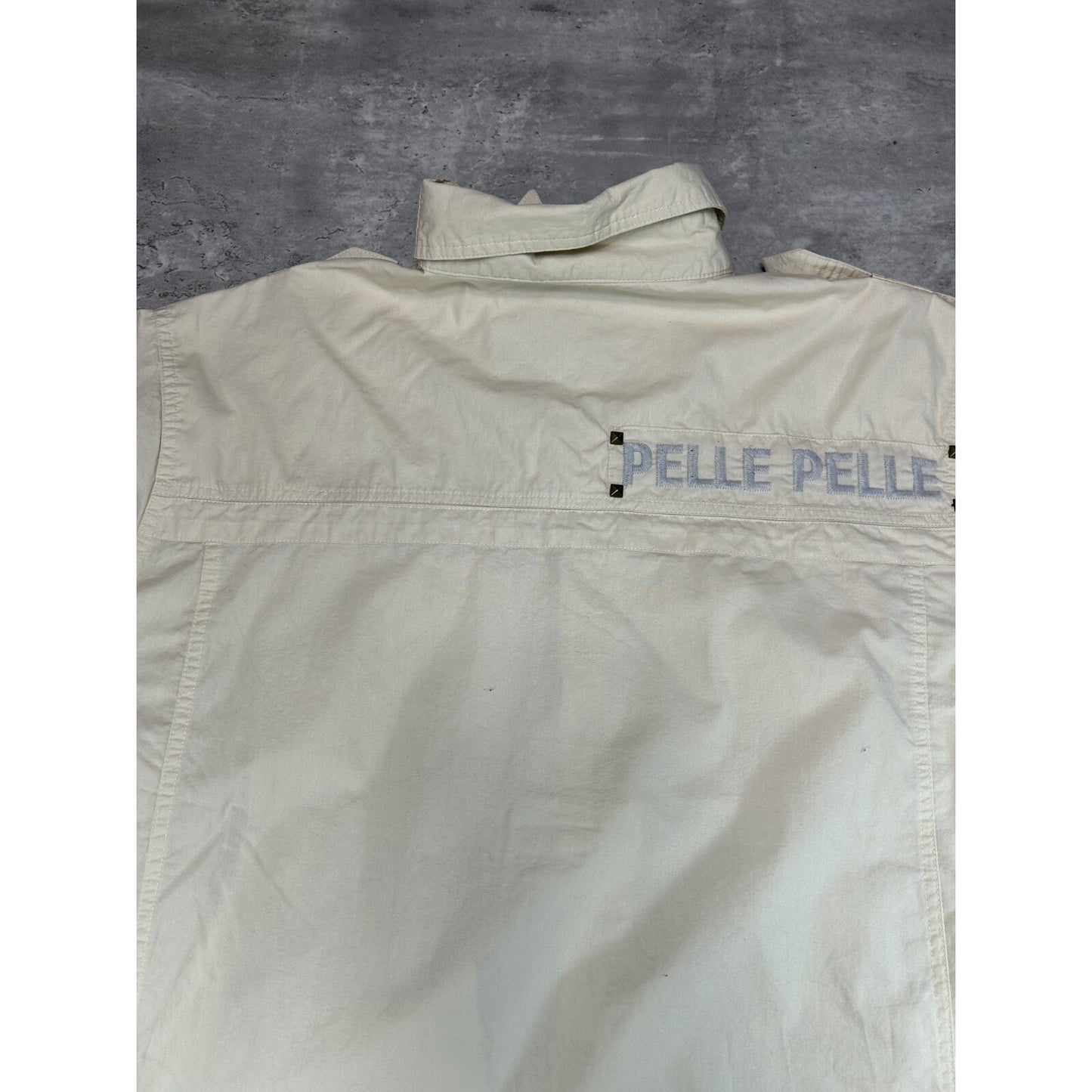 Vintage Y2K Pelle Pelle Spellout Long Sleeve Button Up Shirt Size XL Beige