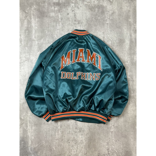 Vintage 80s Miami Dolphins NFL Satin Chalk Line Bomber Jacket Size XL