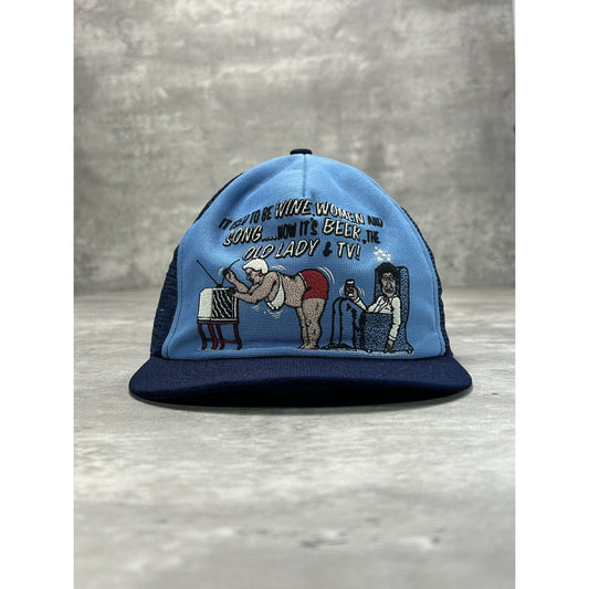 Vintage 80s It Used To Be Wine Women & Song Cartoon Comedy Snapback Hat OSFA