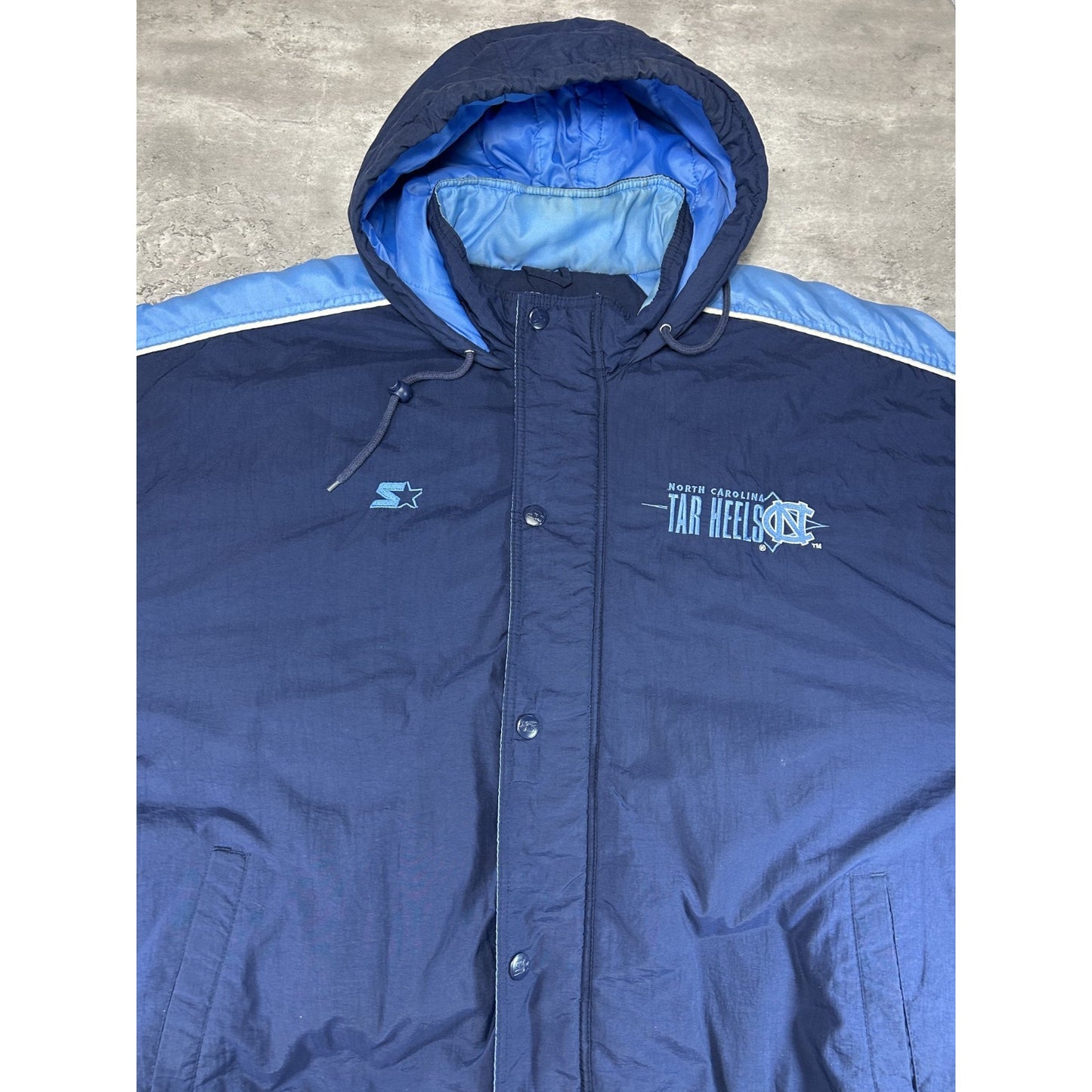 Vintage 90s UNC Tarheels NCAA Insulated Full Zip Hooded Starter Jacket Size 2XL
