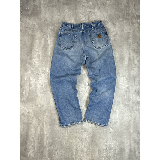 Vintage Carhartt Plaid Lined Relaxed Fit Light Wash Denim Workwear Pants Size 32