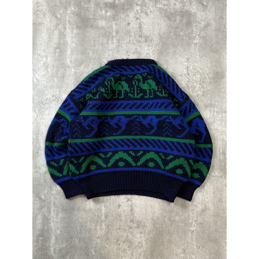 Vintage 90s Hysport Animal All Over Print Striped Pullover Knit Sweater Sz Large