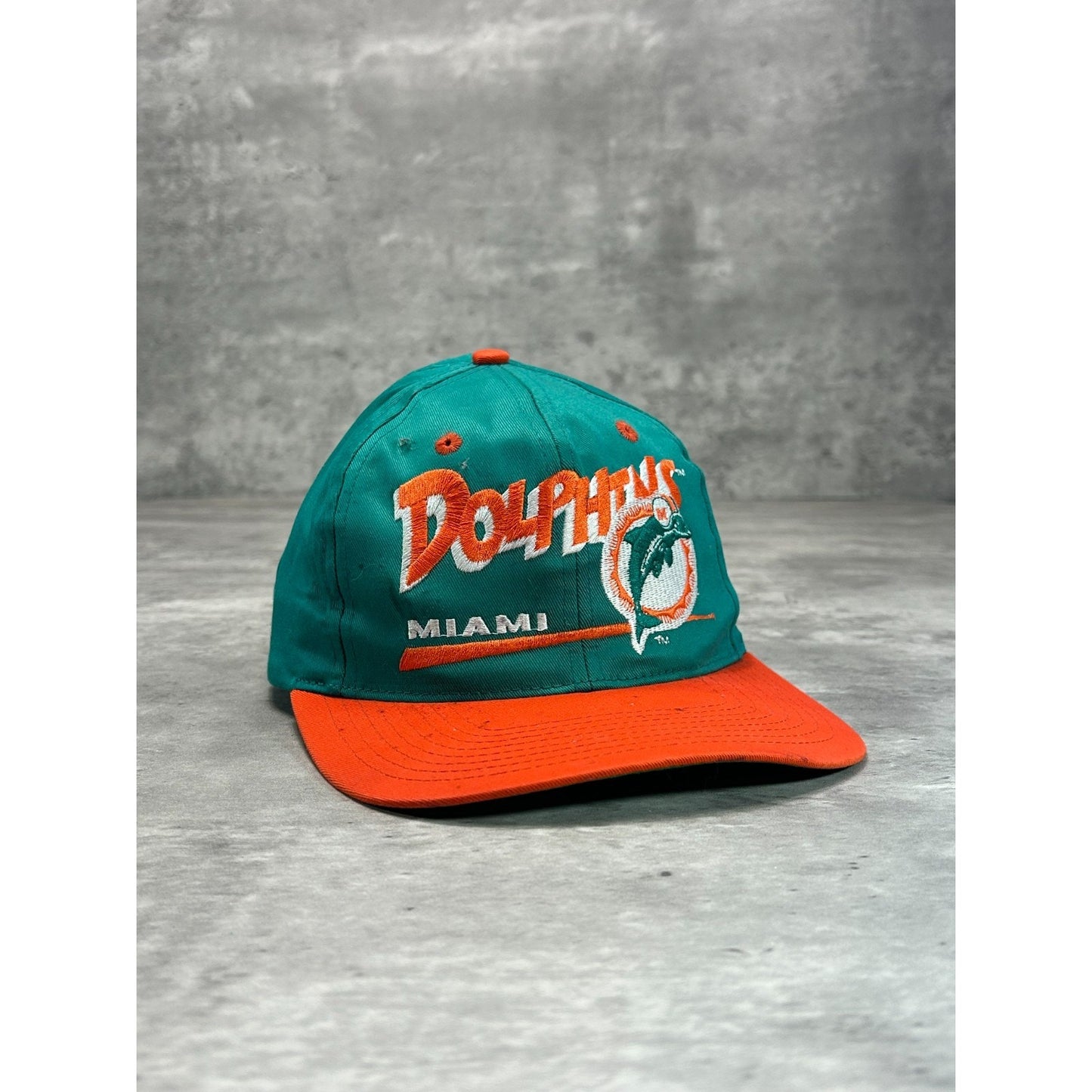 Vintage 90s Miami Dolphins NFL Embroidered Spellout Logo Snapback Hat OSFA