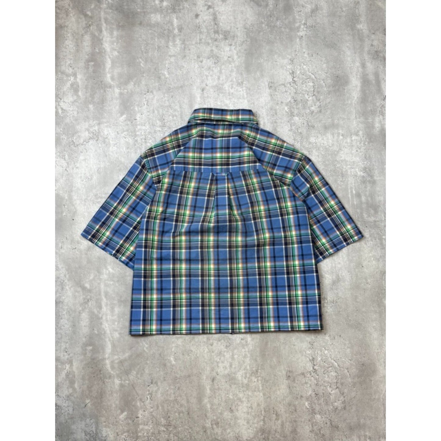 Vintage Chaps Plaid Print Short Sleeve Reworked Cropped Button Up Shirt Sz XL