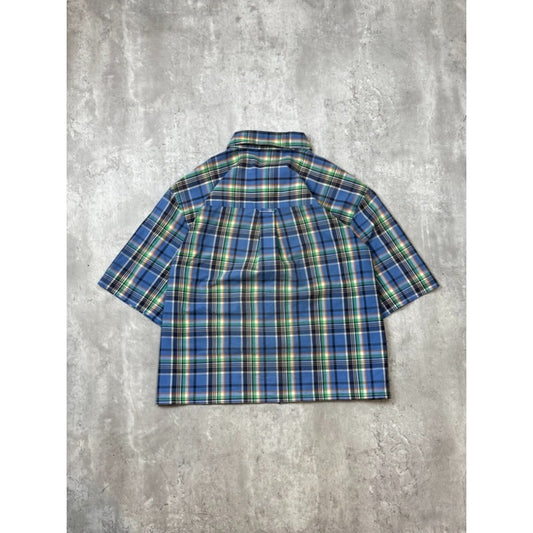 Vintage Chaps Plaid Print Short Sleeve Reworked Cropped Button Up Shirt Sz XL