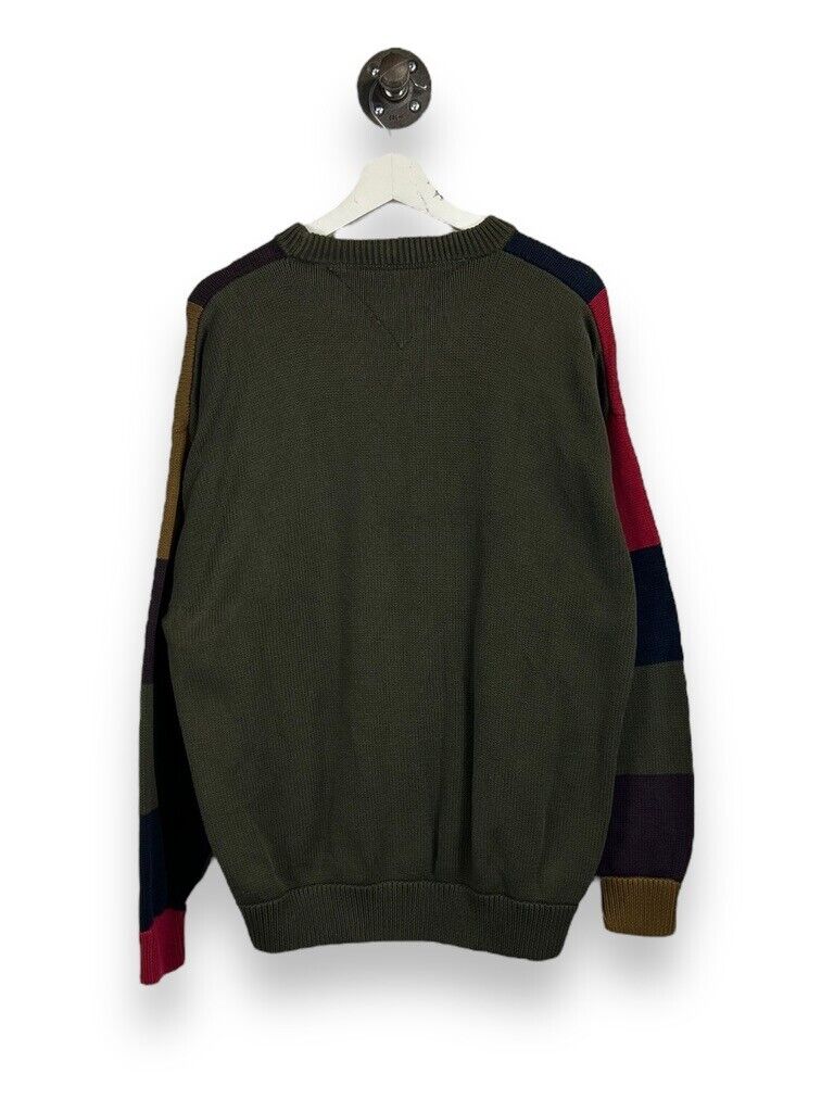Vintage Woods & Gray Color Block Striped Embroidered Crest Knit Sweater Size Large