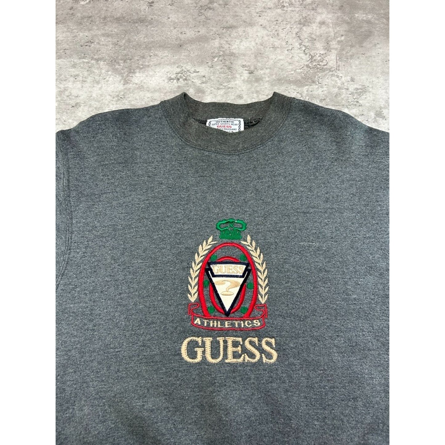 Vintage 80s/90s Guess Athletics Embroidered Crest Sweatshirt Size XL Gray