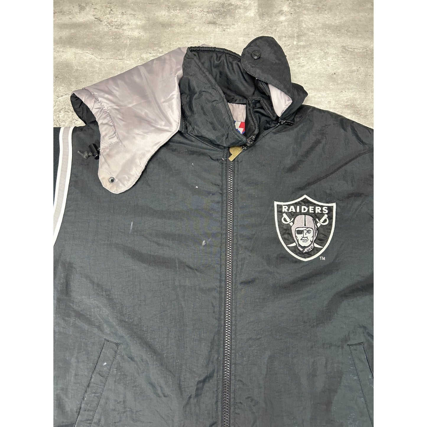 Vintage 90s Oakland Raiders NFL Insulated Hooded Pro Player Jacket Size Large